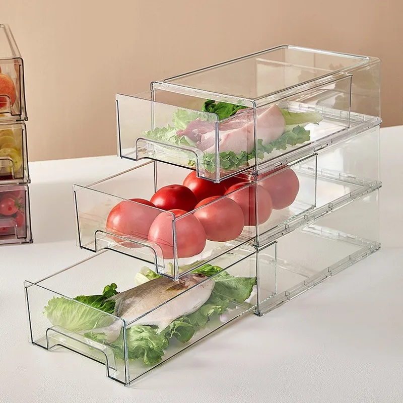 1 Pack Stackable Refrigerator Drawer Storage Box Clear Plastic Fridge Organizer Bins Food Grade Freezer Container for Kitchen
