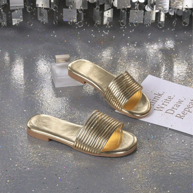 

Summer Girls Cool Slippers Kids Shiny Open-toe Flat Soft Sole One-strap Slippers Children Bathroom Beach Vacation Casual Shoes