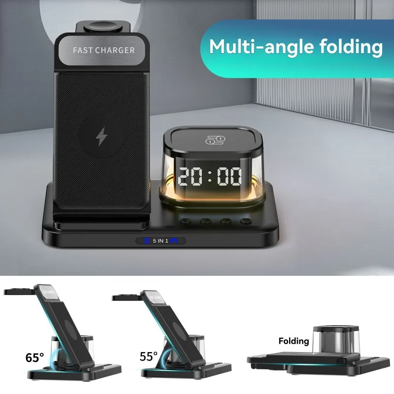 stylish-wireless-charging-station-5-in-1-folding-design-clock-night-light-225w-fast-charge-for-smartphone-devices
