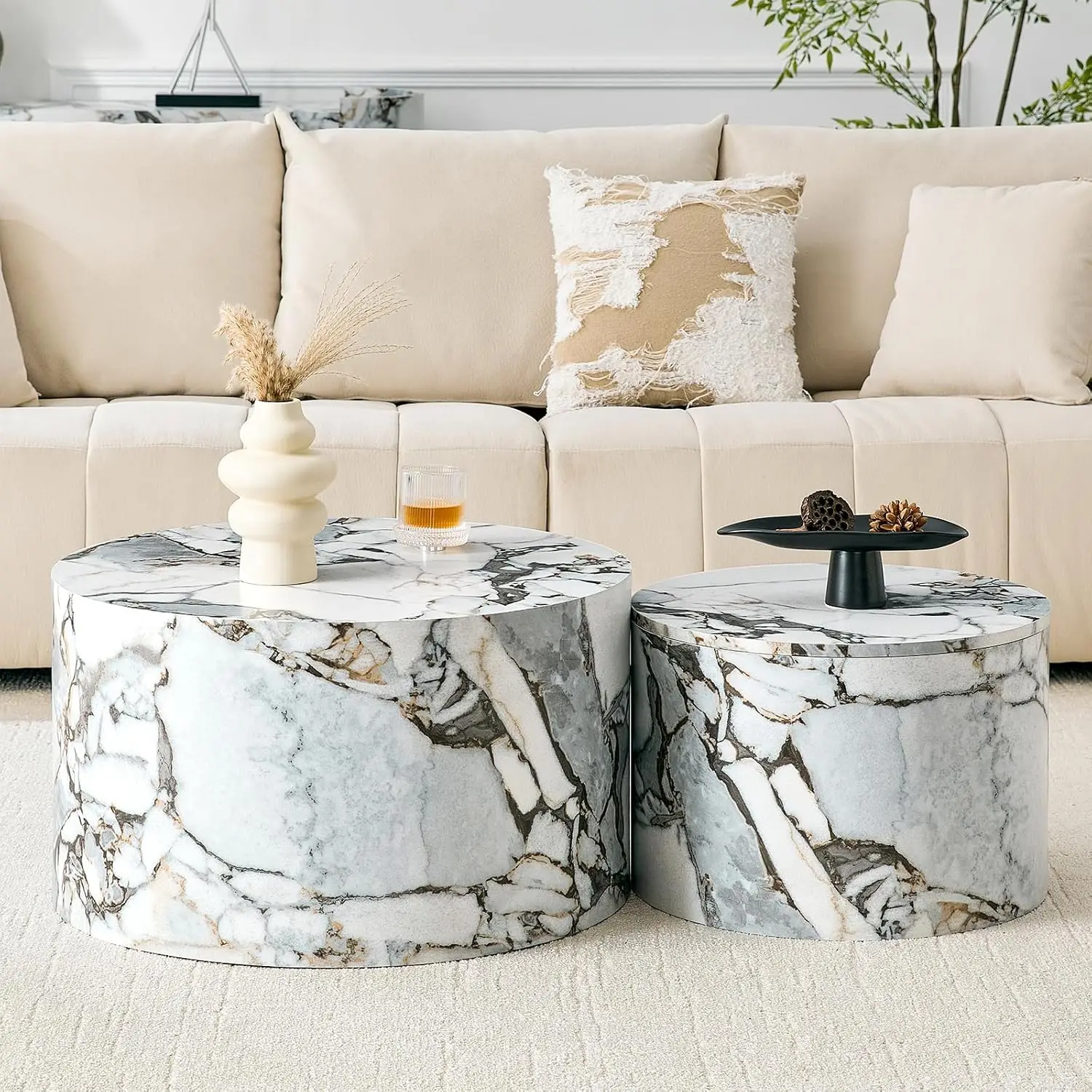 Round Nesting Coffee Tables Set Of 2, White Marble Top Metal Frame Living Room Side & End Table 27.1in+19.7in, Customized