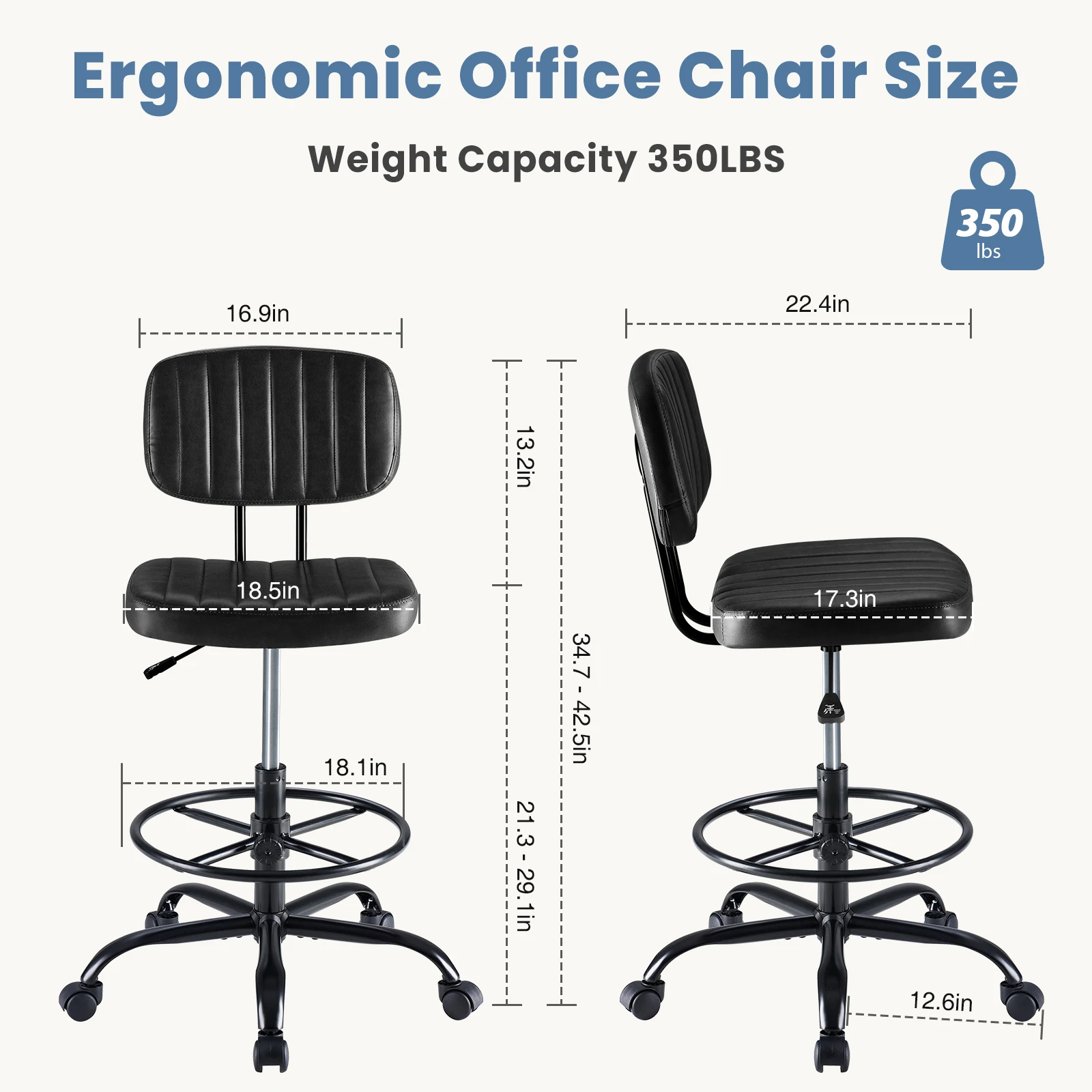 JHK Armless Office Desk Chair with Adjustable Footrest Ring Ergonomic PU Leather Low Back Office Seat Swivel Rolling High Stool for Office