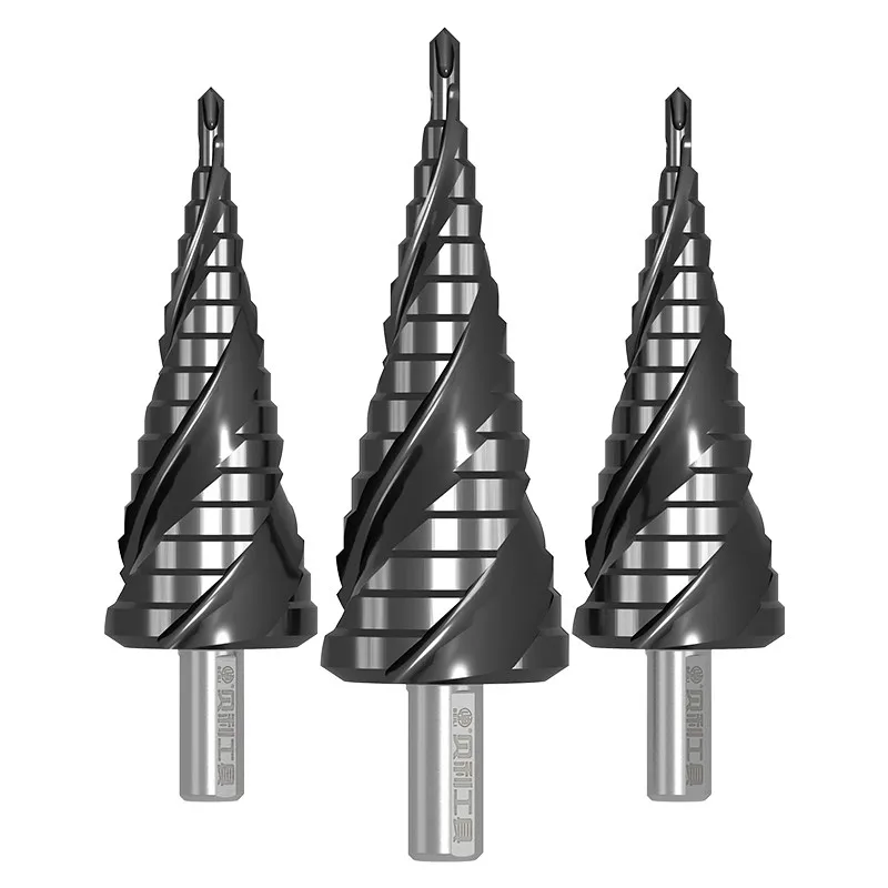 Tower drill bit with three blades containing cobalt. Multi-functional metal conical reaming tool. Stainless steel and aluminum a