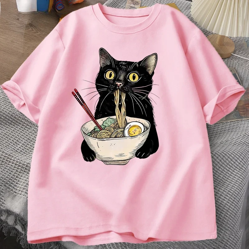 Nudel-Ramen-Katzen-T-Shirt, T-Shirts für Nudel-Fans, schwarzes Katzen-Nudel-T-Shirt, Retro-Freizeit-T-Shirt mit kurzen Ärmeln für Damen und Herren. – Detail 4