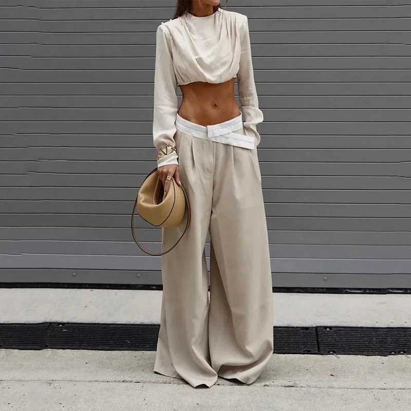 

2 Piece Sets Women Crop Top Wide Leg Pants Ensemble High Waist Loose Trousers Sexy Outfits Office Lady Floor Length Suits 2025