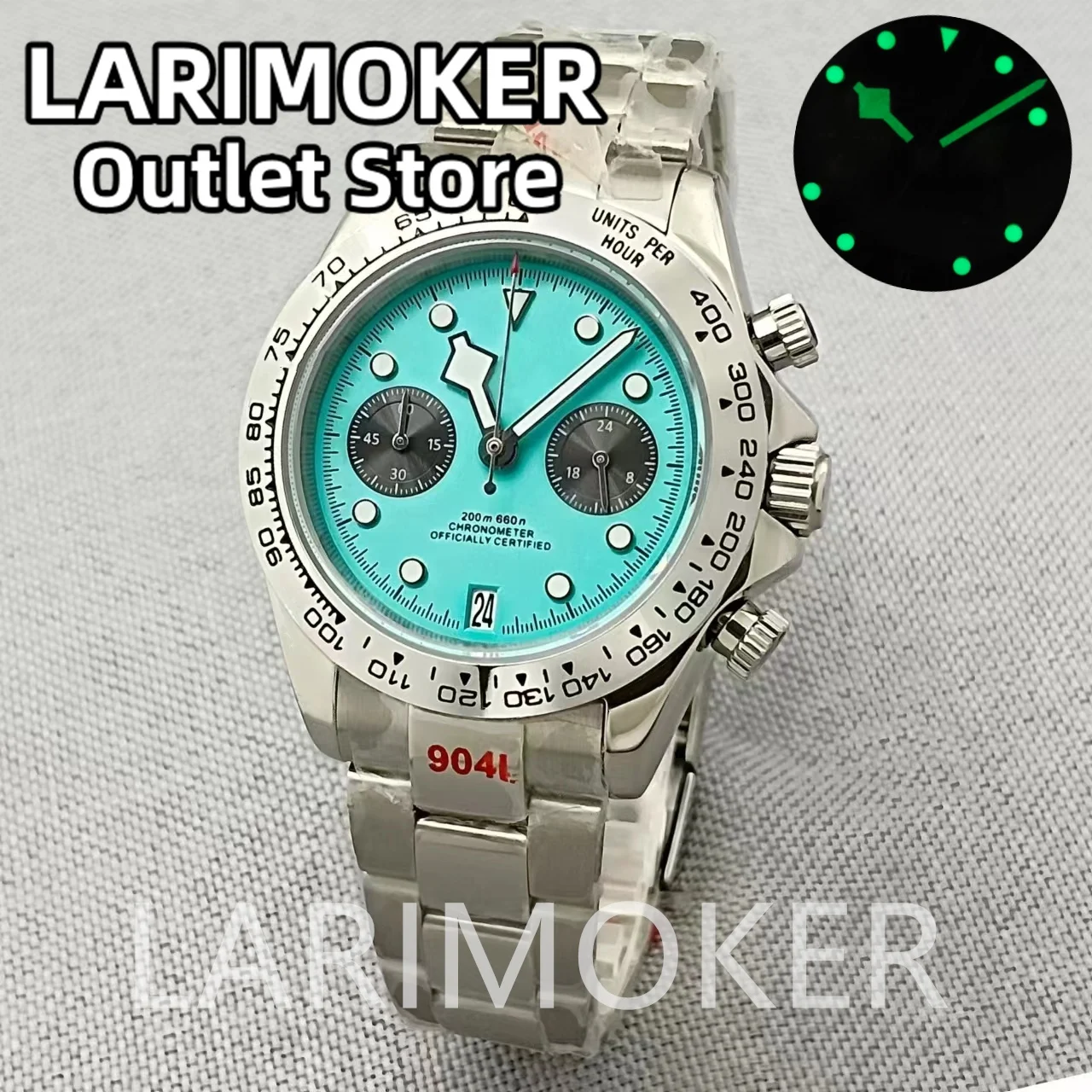 LARIMOKER 39mm Chronograph Quartz VK64 Quartz stainless steel Bracelet Watch For Men Sapphire Glass Waterproof Green Luminous