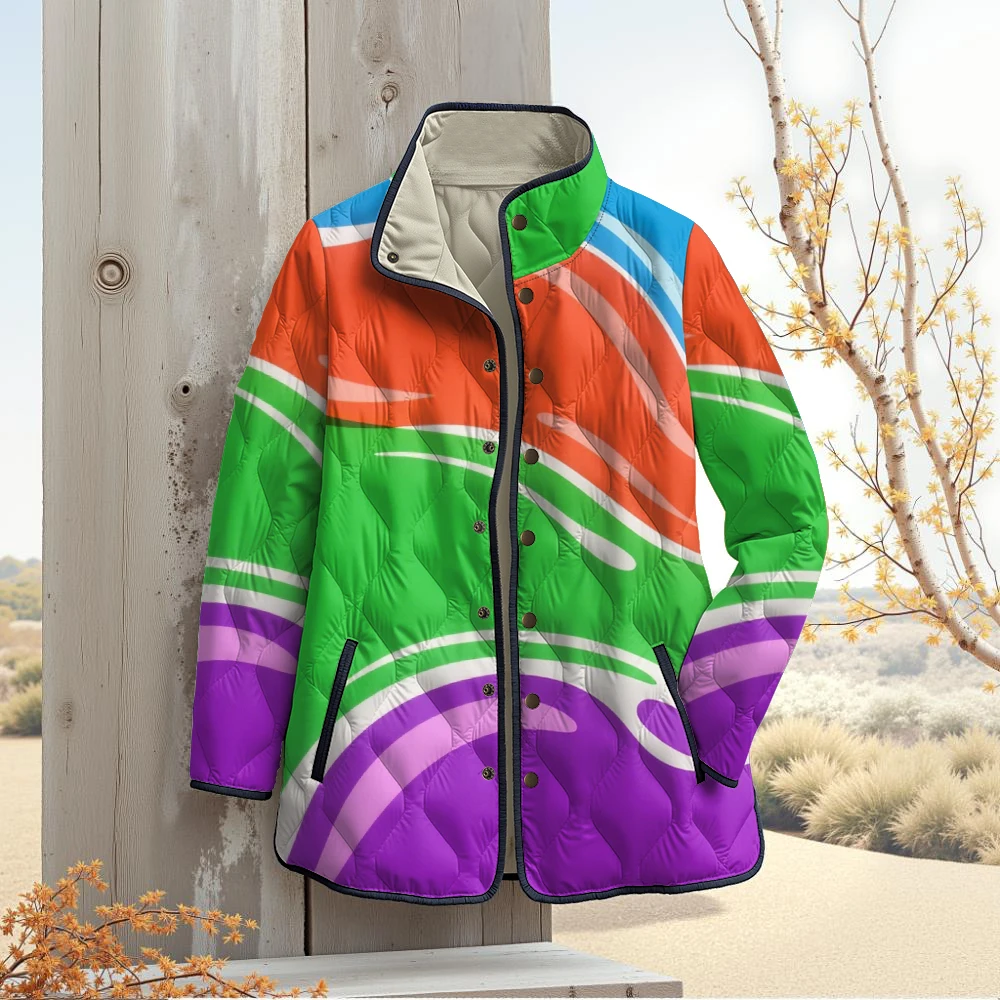 Vibrant Wavy Geometric Jackets Multicolor Design Stylish Stand Collar Side Pockets Winter Clothes Women Coats Trendy Outerwear