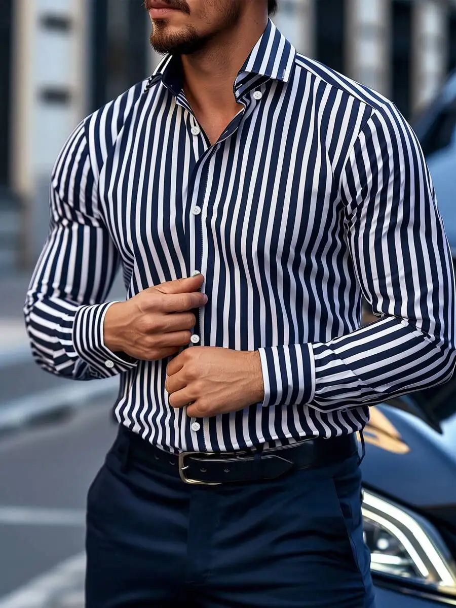 

Men's Navy and White Vertical Stripe Long Sleeve Fitted Casual Shirt