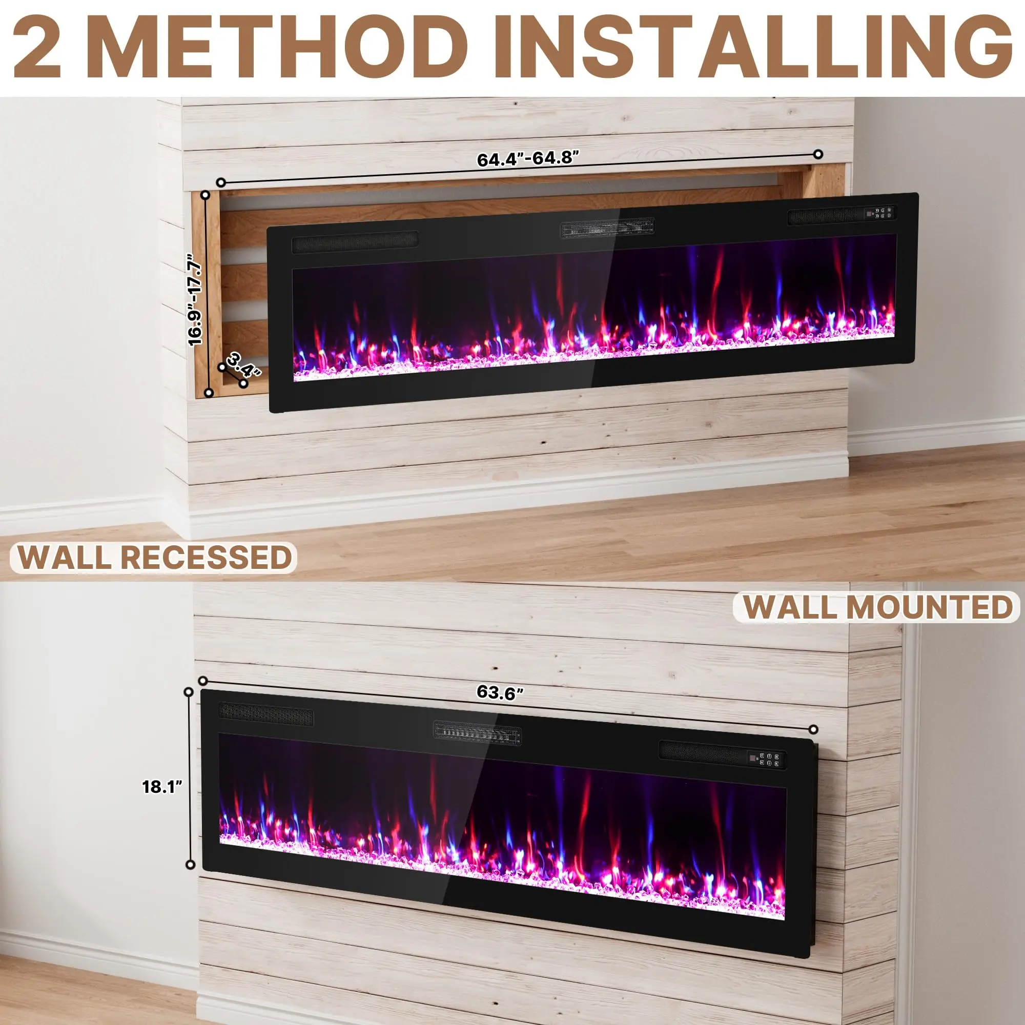 Electric Fireplace 72 Inch, Newly Ultra-Thin Fire Places Electric Fireplace Inserts Recessed and Wall Mounted Electric