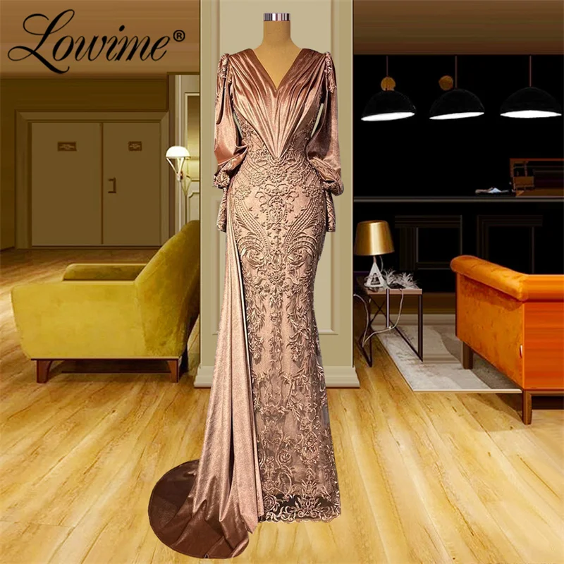 Lowime-Vestidos largos formales de encaje con cuentas para mujer, Vestidos de Noche de terciopelo, personalizados, talla grande, estilo árabe, Dubai, 2022