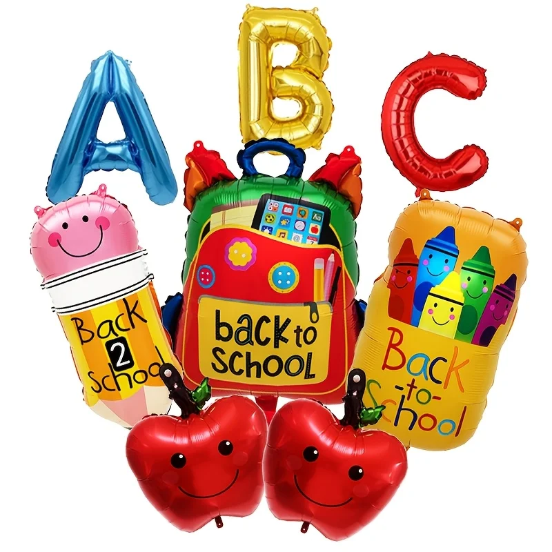 8 Globos de Helio con Temática Escolar: Caja de Crayones, Lápices, Globos de Aluminio, Mochila Escolar, Decoración para Graduación y Regreso a Clases