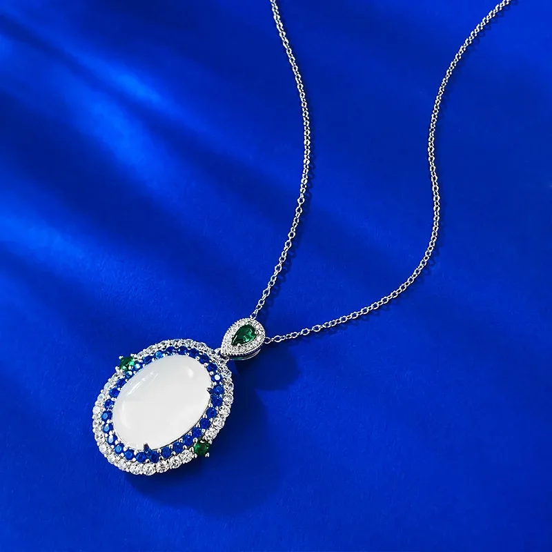 S925 Silver Jadeite High Ice Egg Faced Jade Pendant Necklace with Artificial Sapphire for Women, marry Gem