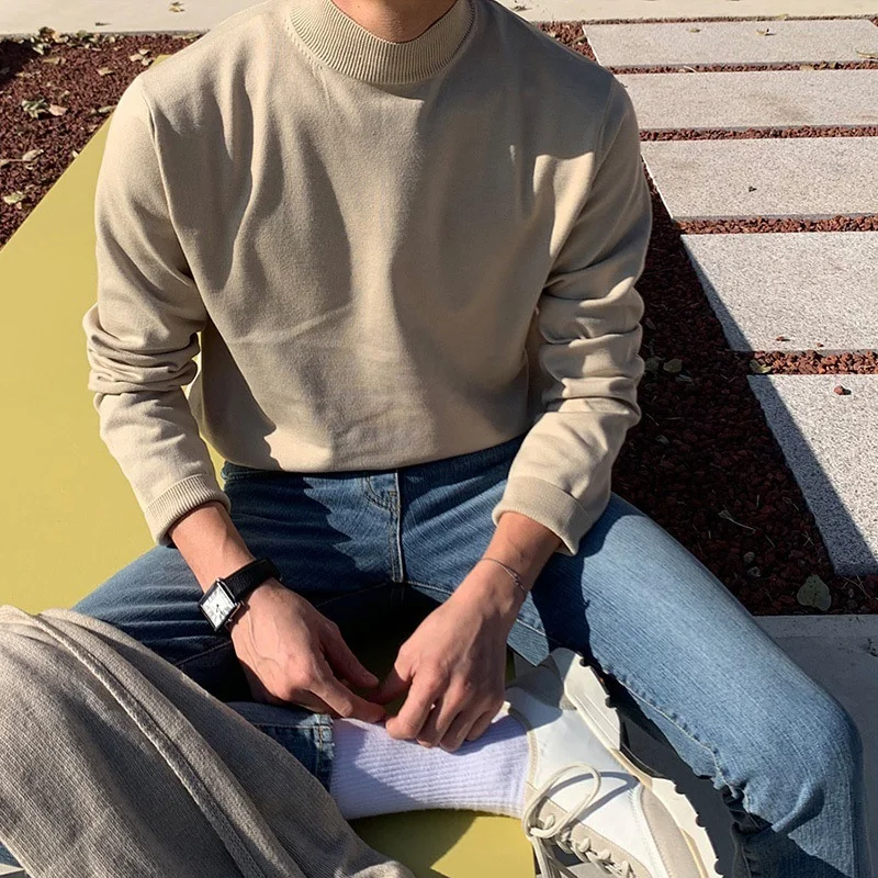 

Men's Fleece-Lined Half-High Collar Sweater Solid Color Long-Sleeve Knit Top Casual Mature Style Inner Wear