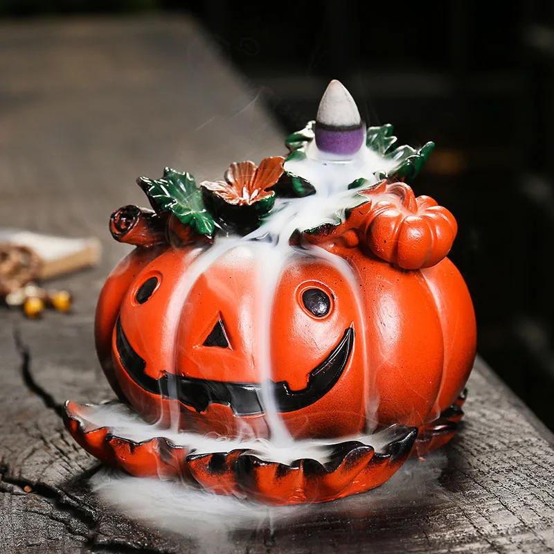Halloween Pumpkin Backflow Incense Burner Resin Censer Ornament Creative Home Decor Fragrance Holder Holiday Gift for Festival