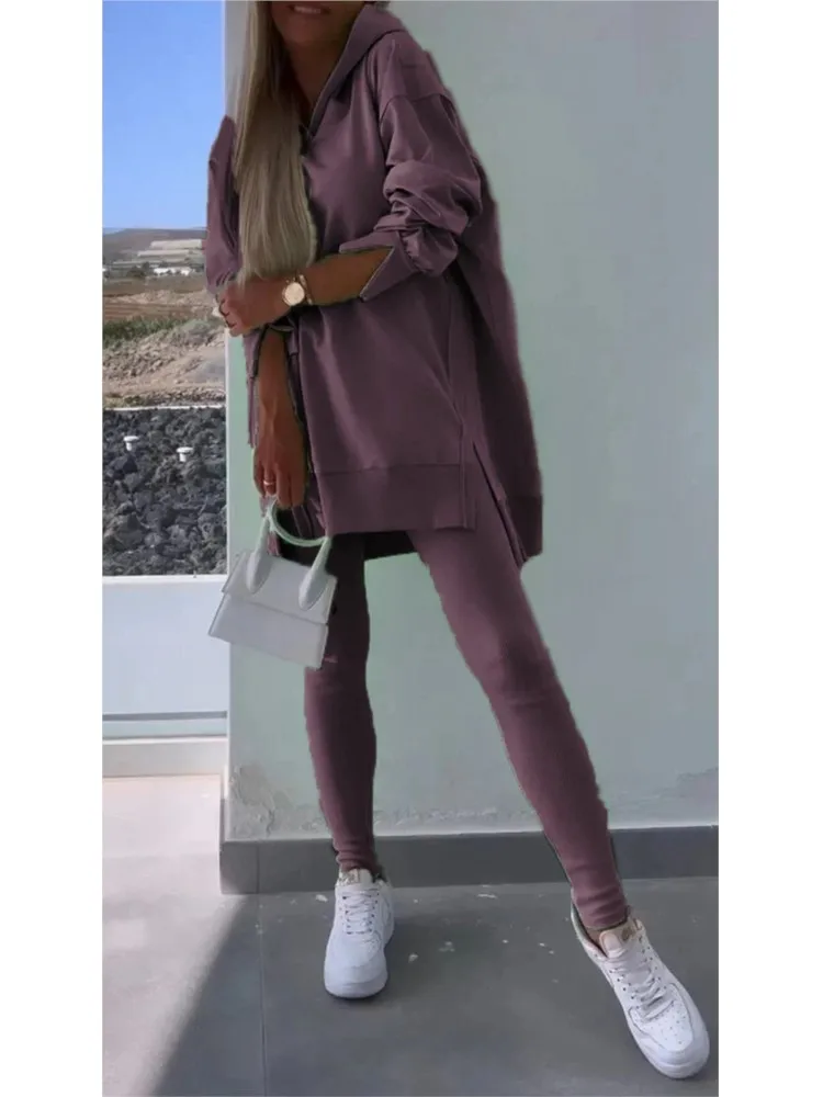 Autumn Winter Fashion Solid Color Split Two Piece Sets Women Hooded Long Sleeved Sweatshirt Tight Pants Casual Two Piece Set image 6