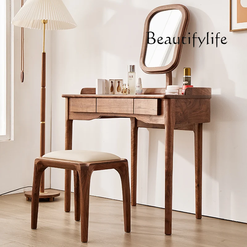 

Nordic Light Luxury Black Walnut Solid Wood Dressing Table Modern Minimalist Bedroom Dresser Integrated Desk