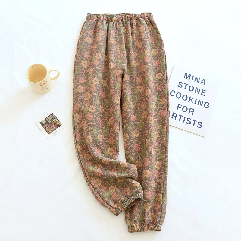 2026 Neue Frühjahr-Sommer Damen-Pyjamas aus 100% Baumwollkrepp, bequeme, lockere Hosen mit großem Blattmuster, dünne Hosen für zu Hause – Detail 6
