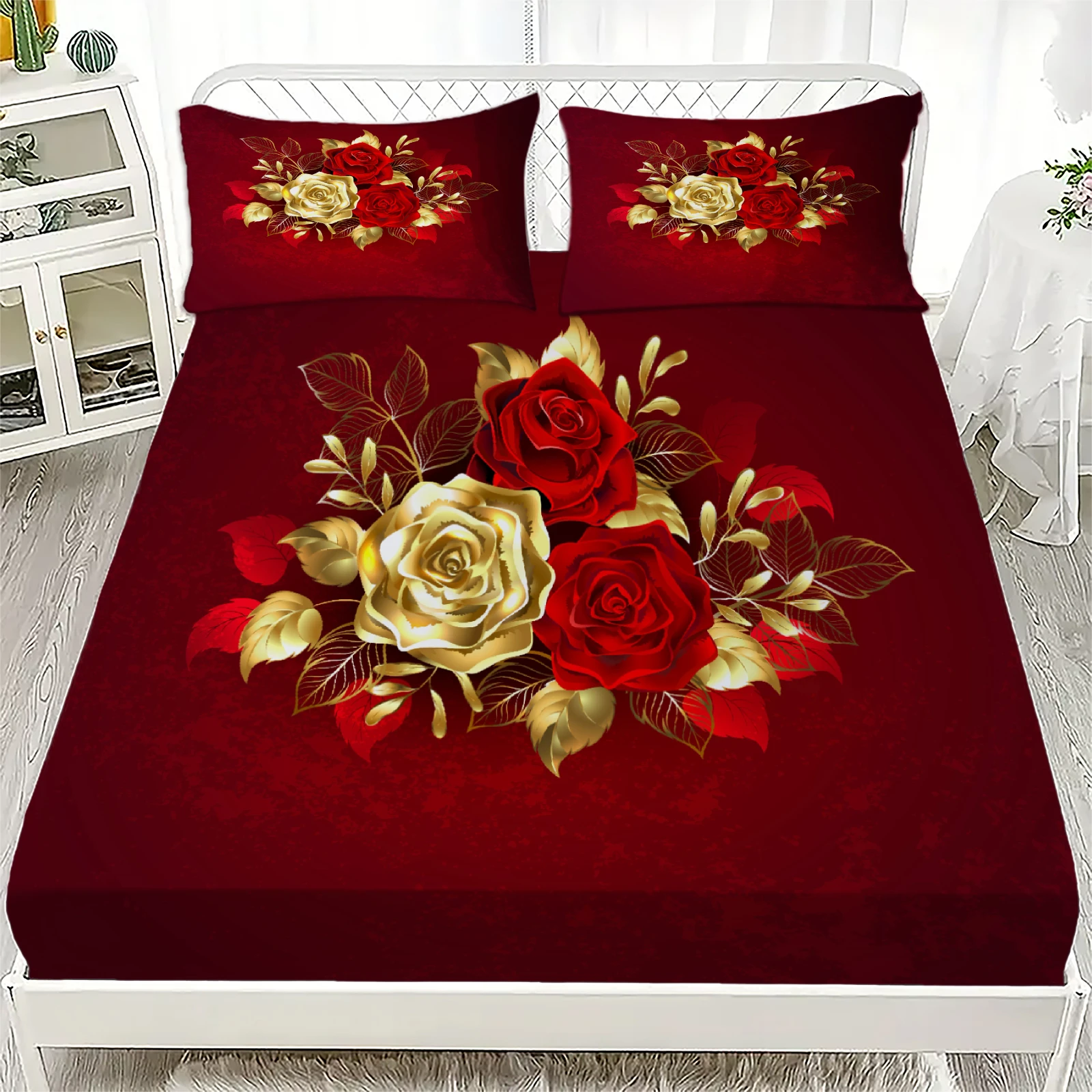 3pcs Golden Red Roses Printed Fitted Sheet 100% Polyester Durable Bedding Set Sheet ffor Home Bedroom Decoration Birthday Gift