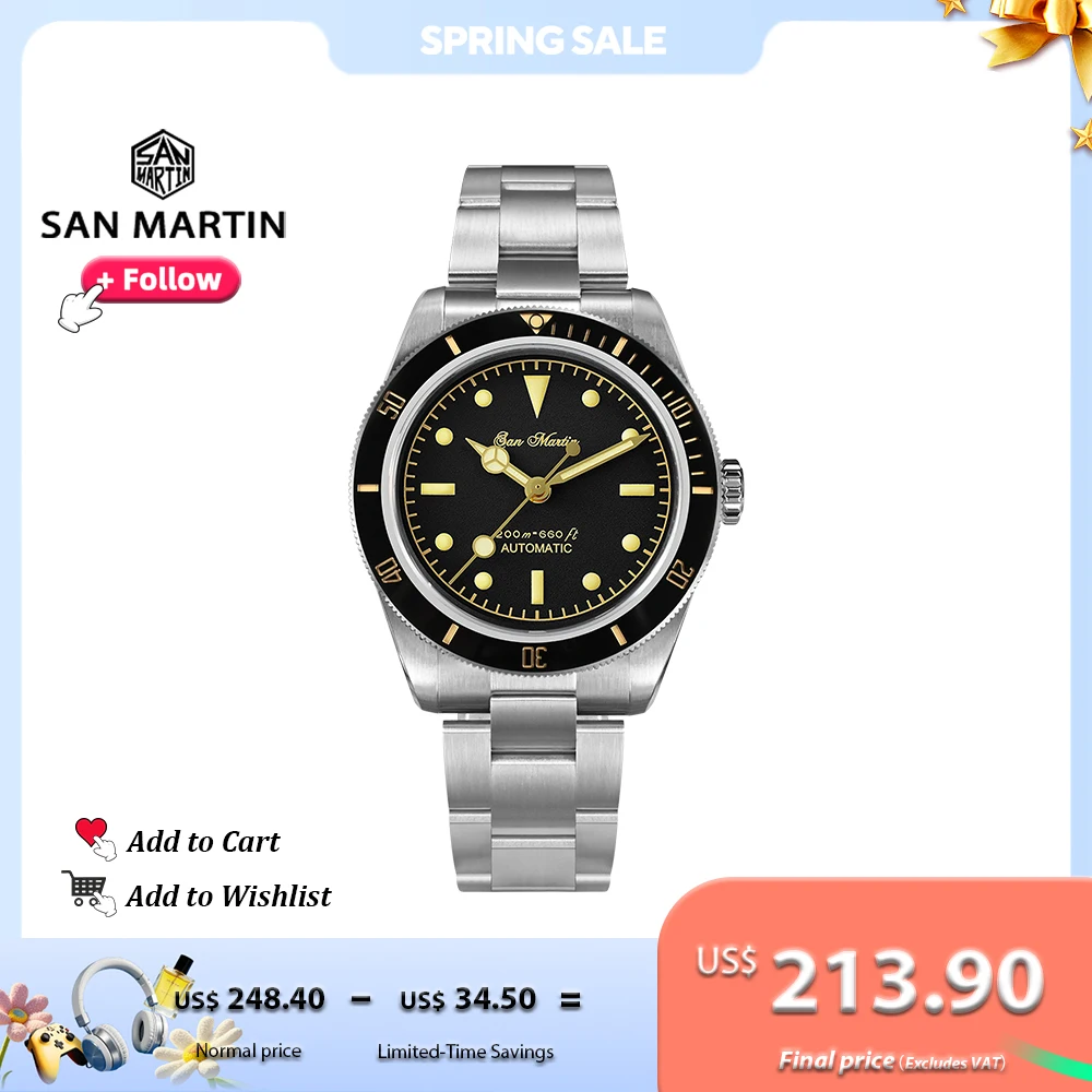 

San Martin 38mm Retro Diver Watch for Men NH35 Automatic Mechanical Sapphire Crystal Steel Wristwatch Luminous 20Bar SN0004