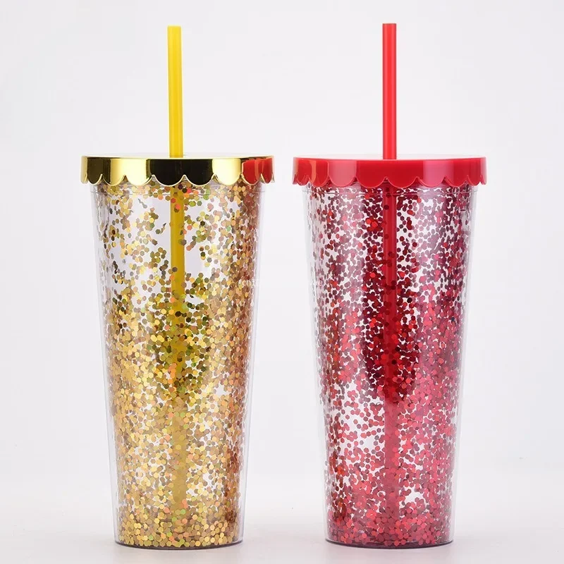 700ml Water Cup with Straw Glitter Double Wall Wavy Edge Straight Tumbler Juice Iced Coffee Cup Daily Use Outdoor Sports 텀블러