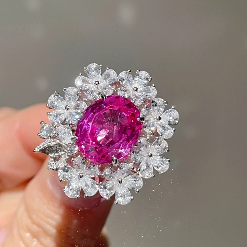 

BELLUX 925 Silver Gold Plated High Carbon Diamond Cultivation Pink Blue Sapphire Ring Fine Luxury Ins Style Fashion Ring