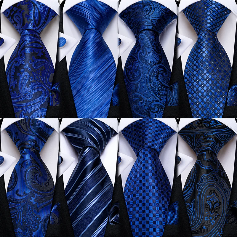 Royal Blue Paisley Plaid Striped Men tie Set with Handkerchief Cufflinks Wedding Prom Groom Accessories Perfect Gift for Men