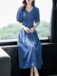 TIYIHAILEY-Women's Long Mid-Calf Short Sleeve Denim Summer Dresses, V-Neck Lace Up Single Breasted, New, M-L, 2026 New