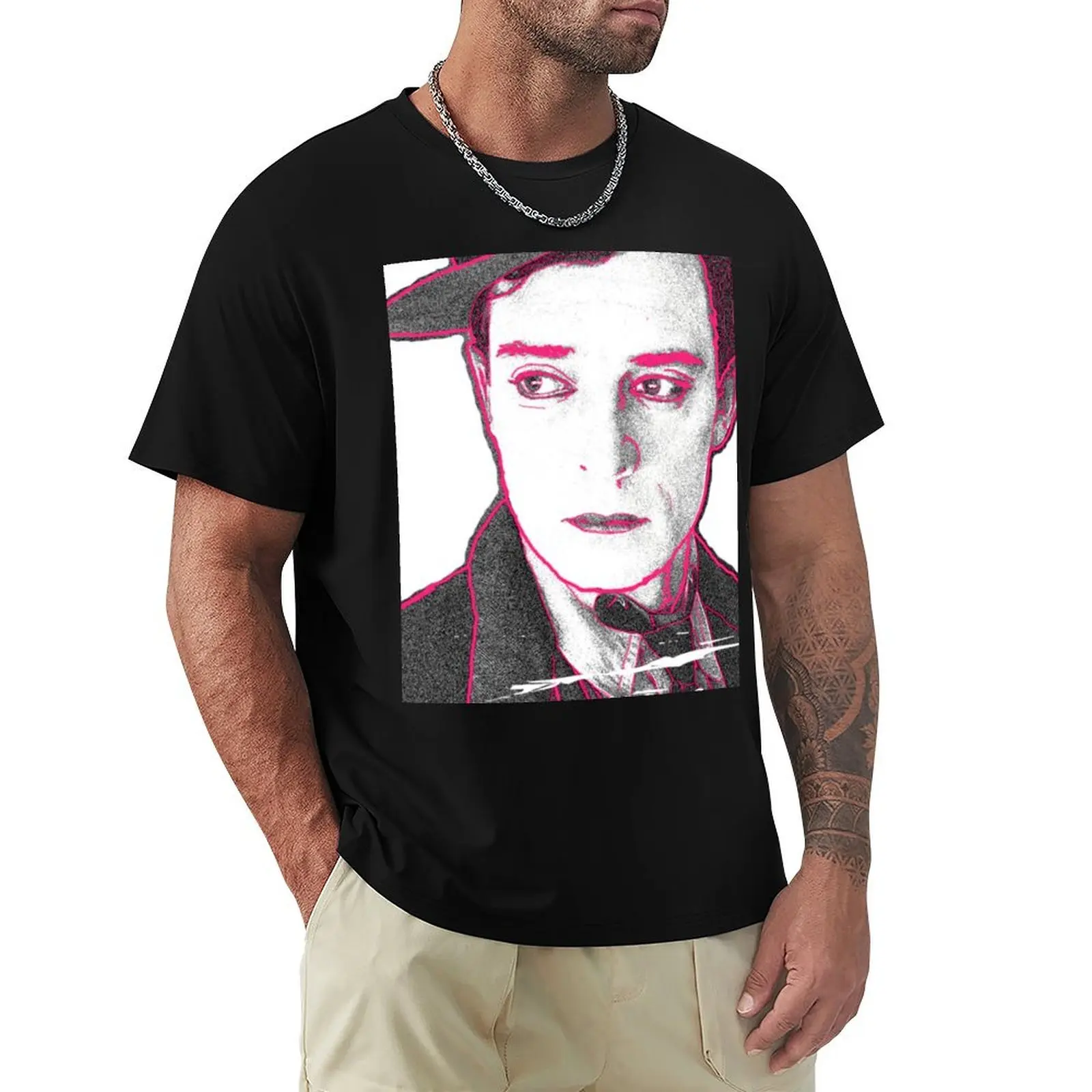 Buster Keaton Pink Highlights Pop Art Digital Painting, Single and Repeating Pattern T-Shirt Moisture Wicking Athletic T-Shirt