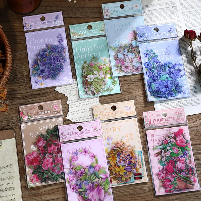 30 pcs Flowers Stickers pack Adhesive Diy Decorative Sticker for Scrapbooking Diary Album junk journal supplies Collage material