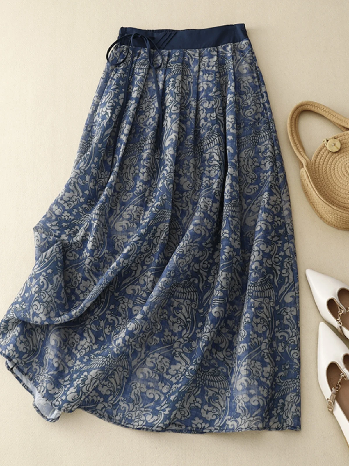 

Vintage Floral Print A-Line Midi Skirt High Waist Elastic Waist Cotton Linen f Body Skirt Commute Sle Summer Collection