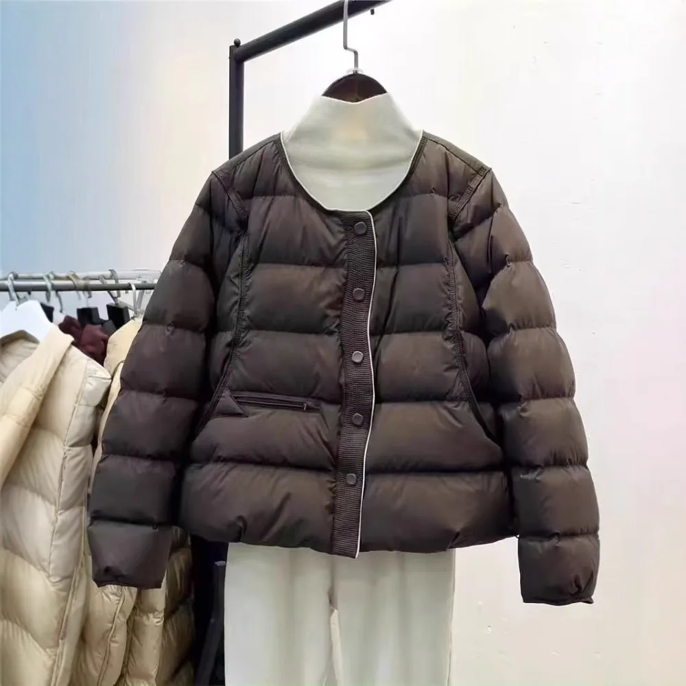 Light Down Jacket Warm Women Minimalist Quilted Winter Fashion Round Neck Solid Color Versatile Female Outerwears Loose Jackets