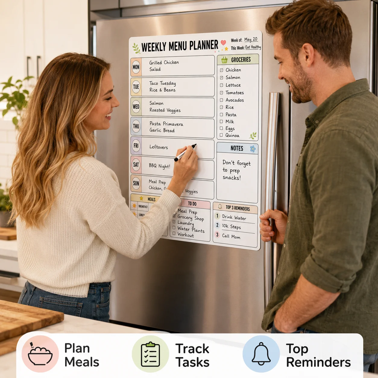 1pc Fridge Dry Erase Weekly Menu Planner Sticker With 1 Erasable Marker, Reusable Whiteboard Meal Planning Board For Kitchen Gro view 4