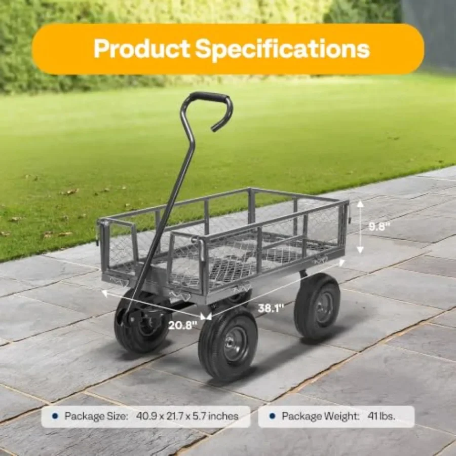 Garden utility wagon application, steel mesh material, grey color, 880 lbs heavy-duty capacity