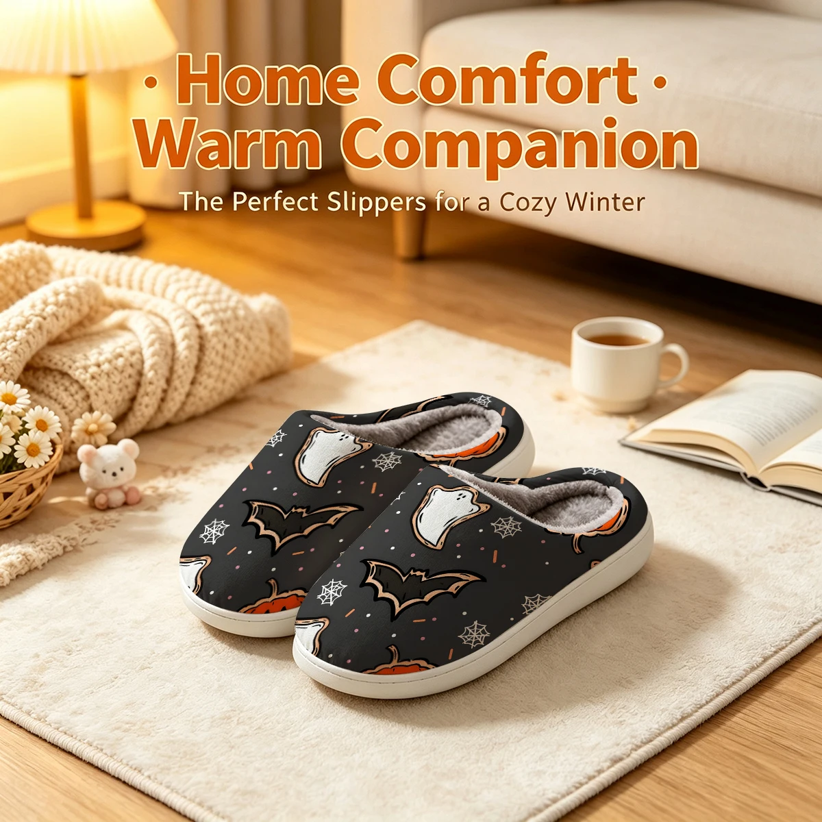 Halloween Cookie Pattern Christmas White Slippers Warm Plush Indoor Shoes Non-Slip Winter Slippers Family Holiday Gifts Soft view 3