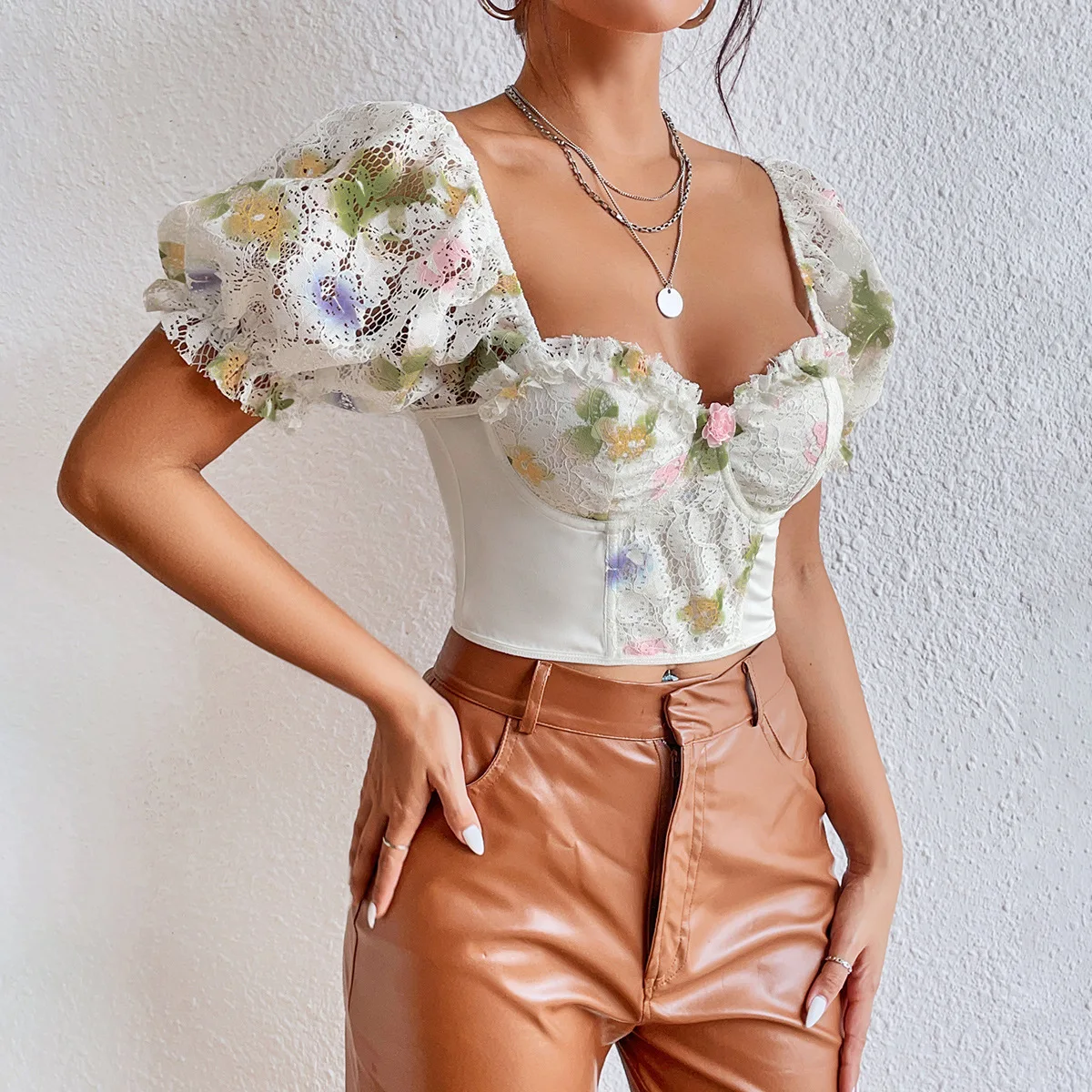 ISAROSE Summer Lace T-shirt for Women Floral Hollow Out Puff Sleeves Stretch Braless Low Cut Crop Tops Casual Backless Clothing