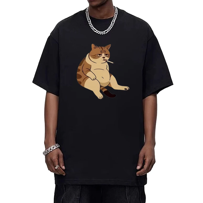 

Funny Smoking Cat Meme vintage Hip Hop 100% Cotton Oversized t-shirt Men Women Tops Summer short sleeve t-shirts Unisex clothing