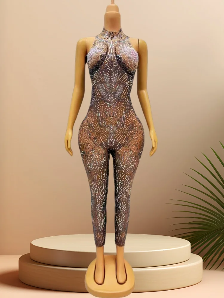 Fashionable And Sexy Womens Jumpsuit Mesh Crystal Rhinestone Evening Celebration Stage Wearing Tight Fitting Performance Costume