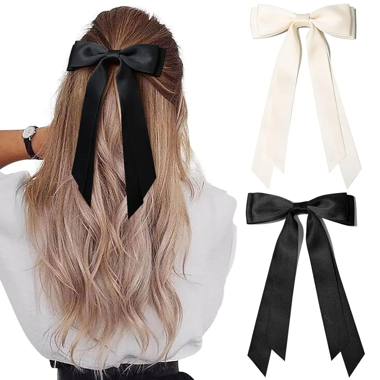 2Pcs Ribbon Tassel Bow Hair Clips for Women Elegant Satin Long Tassel Hairpins Barrettes Girls Fashion Hair Accessories Gift