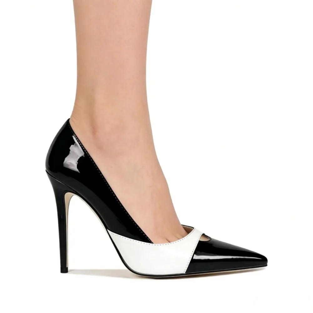 

Women's Pointed Toe Stiletto Heels 2026 New Black White Patent Leather Hollow Out Pumps Elegant Party Wedding Office Dress Shoes