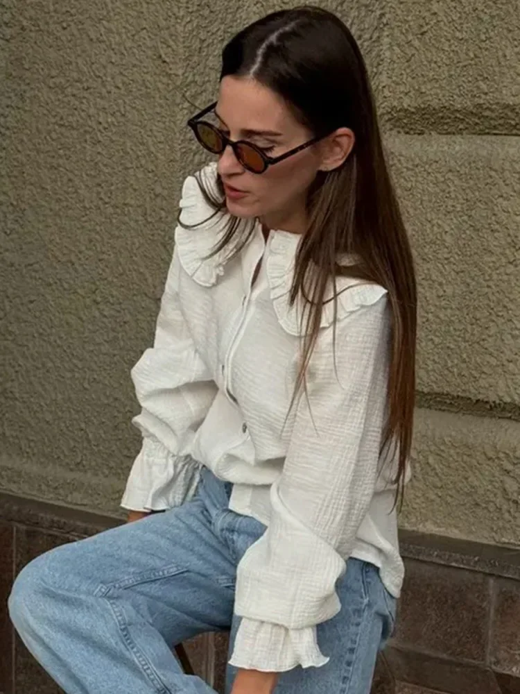 

Ruffled Lantern Sleeve White Shirt For Women Long Sleeve Loose Autumn Single Breasted Fashion Patchwork Female Shirt