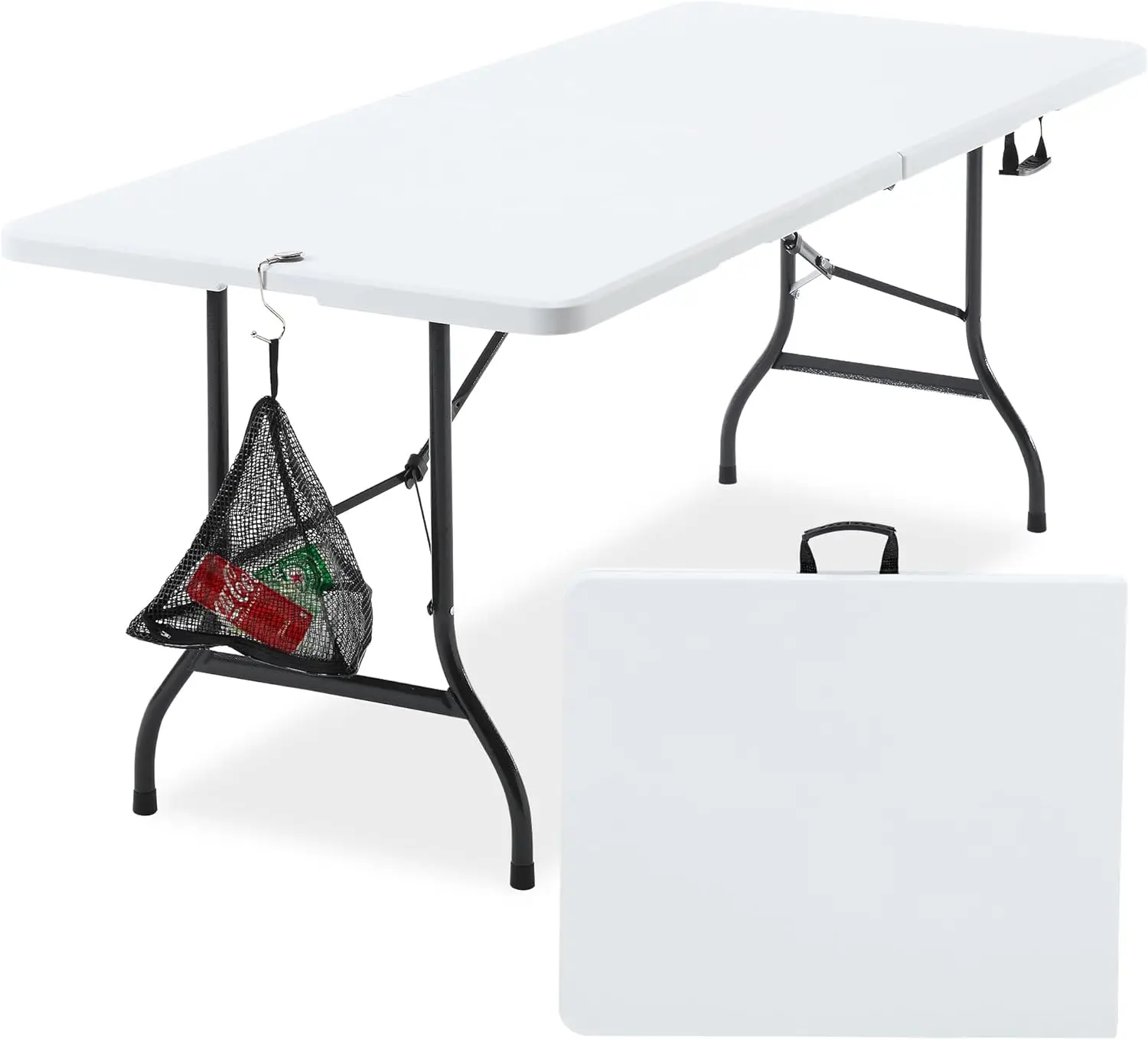 

6Ft Folding Table, Portable Plastic Picnic Table with Mesh Trash Bag, Heavy Duty Foldable Camp Desk with Handle Legs, Pearl Whit