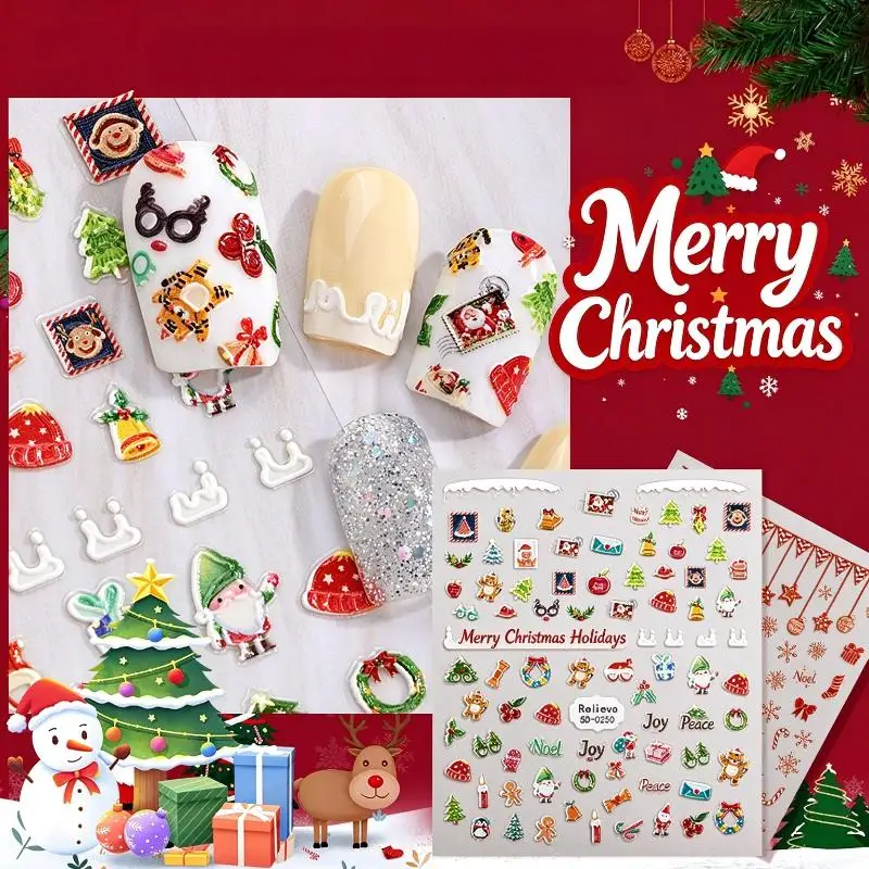 Cute 5D  Festive Christmas Nail Art Stickers Set Self-Adhesive,Disposable Decals Reindeer Xmas Tree Designs Cute