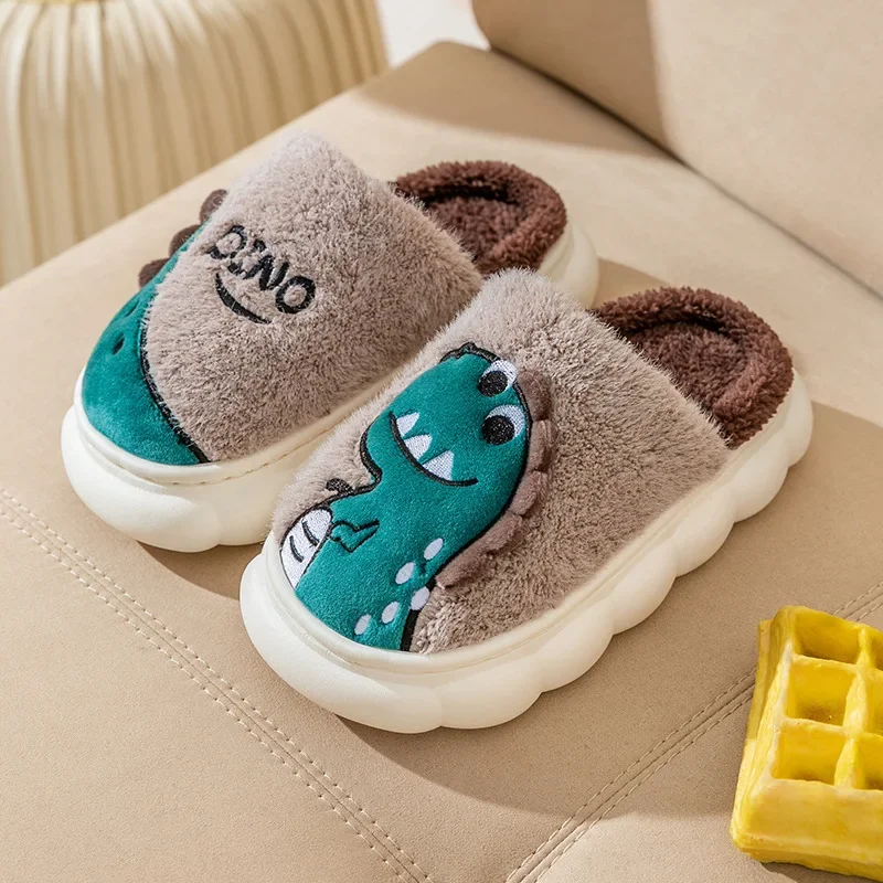 Winter Women Cotton Slippers Indoor House Men Women Couples Shoes Cute Cartoon Dinosaur Children Home Flat Casual Floor Slides