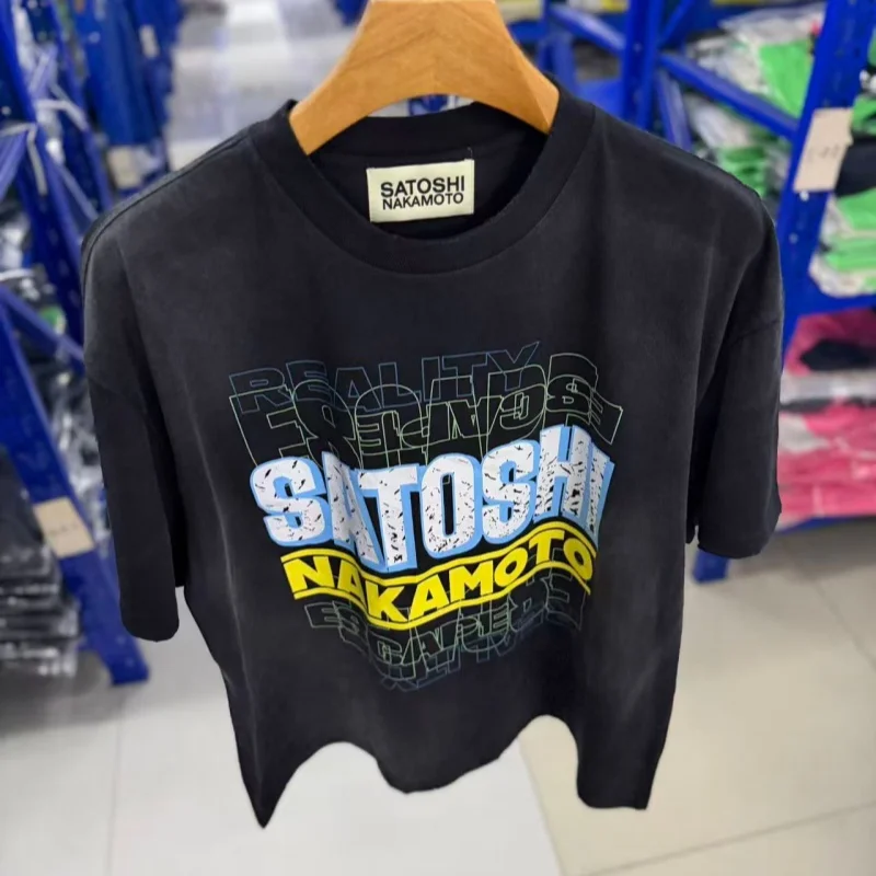 Men Y2K Distressed T Shirt Satoshi Print Oversized Street Tee