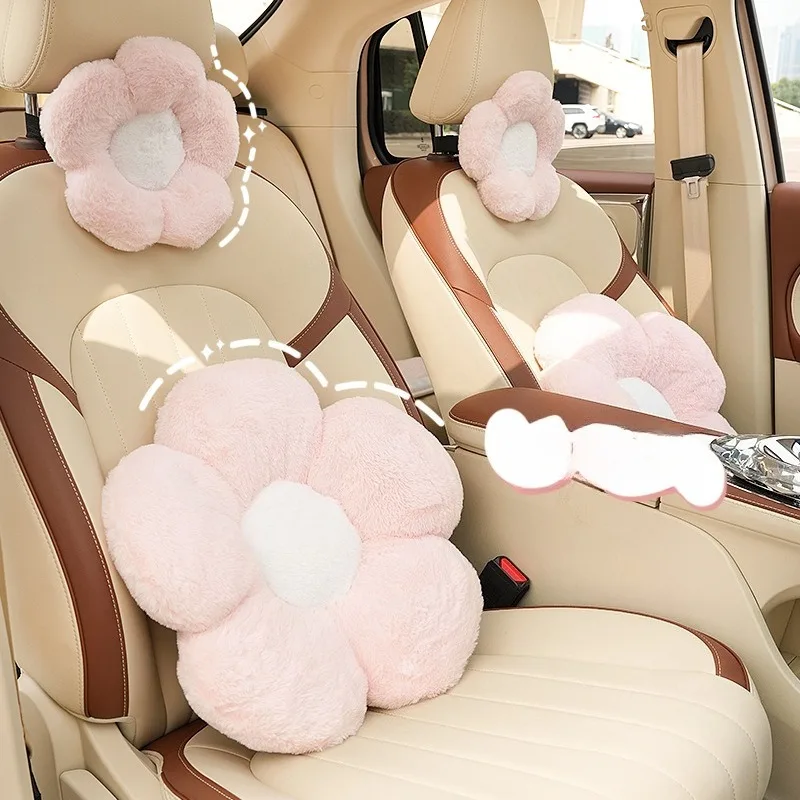 

Plush Pink Flower Lumbar Support Car Pillow Soft Comfortable Car Accessories Highly Elastic Cute Car Seat Headrest&Cushion