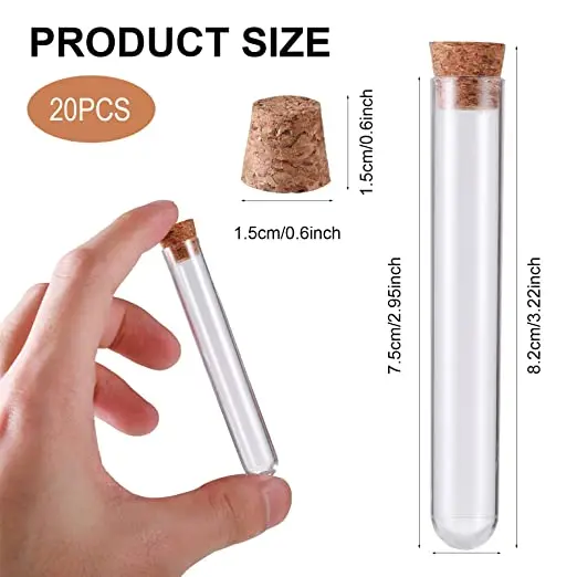 20Pcs Clear Test Tubes with Corks Caps Lightweight School Lab Supplies Storage Tube Bottles  U-shape Bottom Container