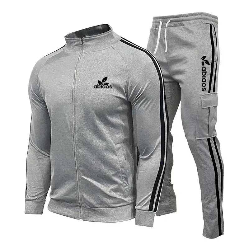 Traje de marca de moda para hombre, conjunto de 2 piezas de cárdigan con cremallera y pantalones de chándal a rayas para correr, Fitness, baloncesto