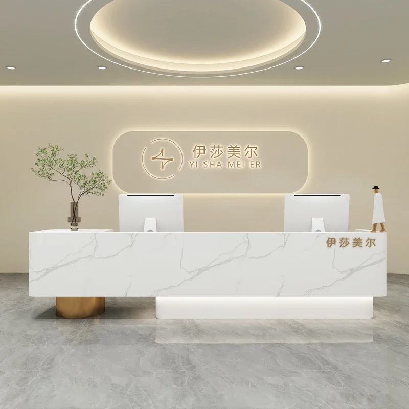 Cashier Table Promotional Tempered Glass Desk Exhibitor Furniture Counter Reception Luxury Pink Aesthetic Salon Modern Cafe Long