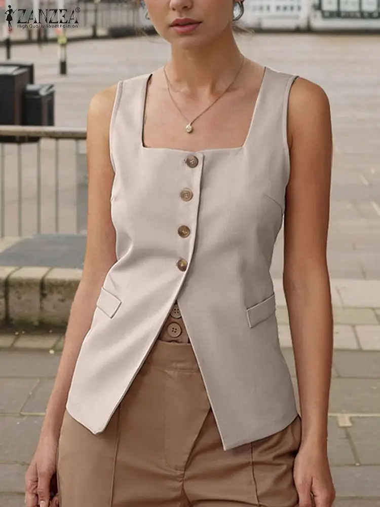 Fashion Summer Sleeveless Tanks Tops Women Square Neck Work Blouse 2024 ZANZEA Elegant Solid Buttons Up Party Shirt Mujer Female
