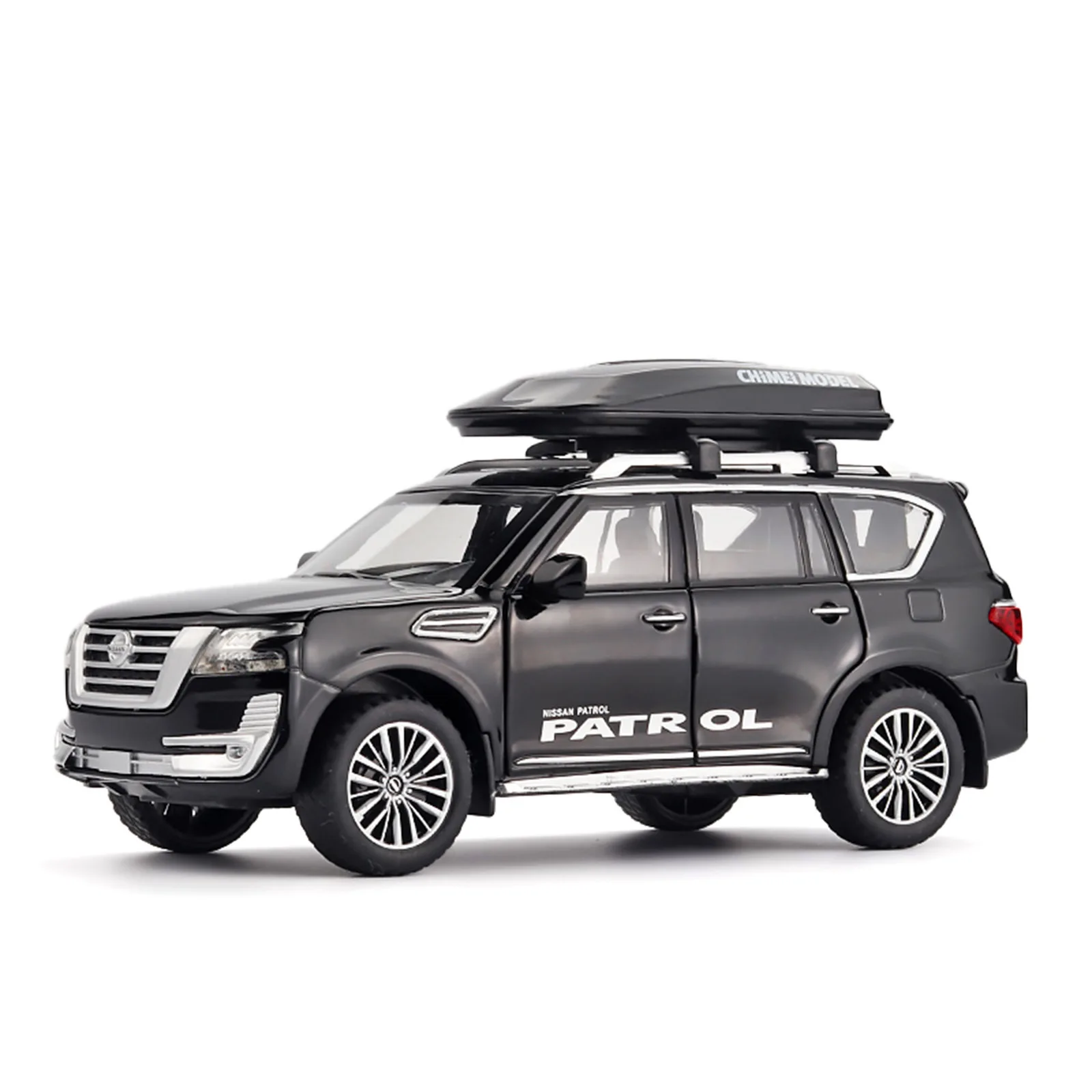 1/32 patrulha y62 liga fundida miniatur modelo de carro metal suv veículo off road com rack viagem luz puxar para trás brinquedos carros crianças