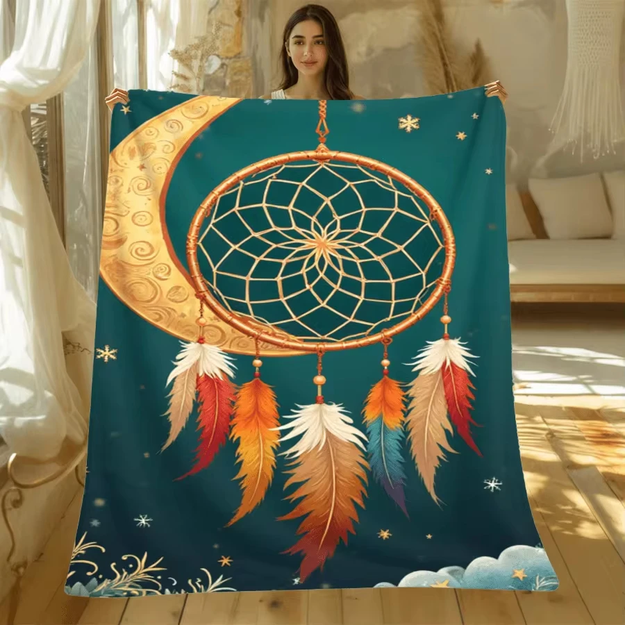 Blanket Throw Dreamcatcher Print, Moon Feather Flannel Blanket, Boho Celestial Art, Sofa Bedroom Indoor Decor Soft Warm Throw